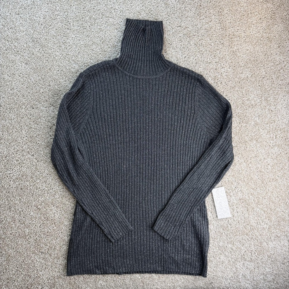 Chico's Sweater Womens L Gray Lurex Ribbed Turtleneck Long Sleeve Knit Pullover
